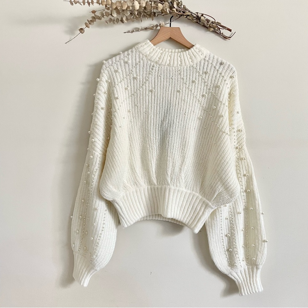 Farm Rio Pearl Embroidered Bubble Sweater Off White Knit NWT Medium - Picture 7 of 16